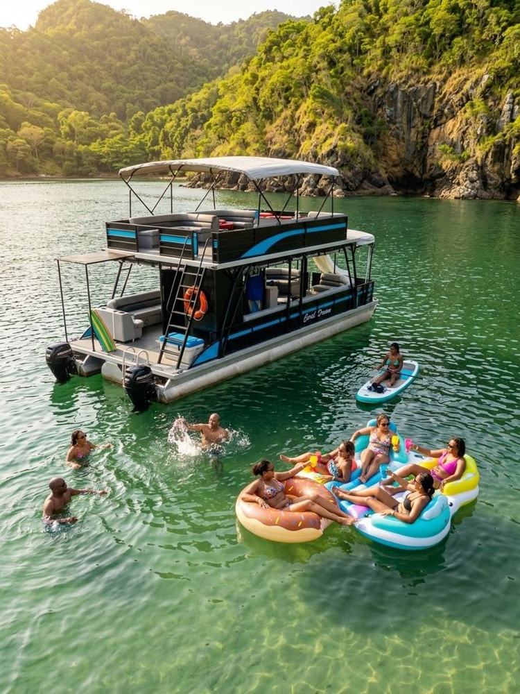 Guests on floats beside the boat